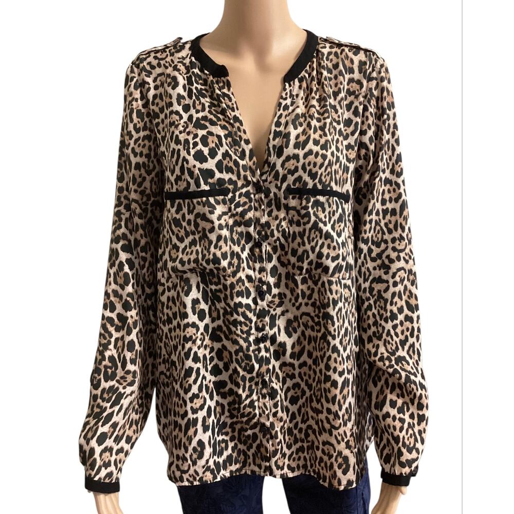Zara Basic Leopard Print Blouse Black Trim Button Front Pocket Top Size XL